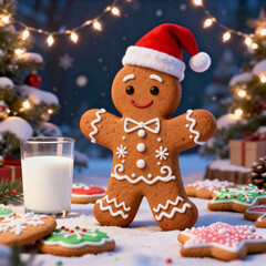 Gingerbread man character wearing Santa hat beside glass of milk  