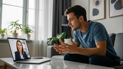 Man in blue shirt watching a woman in a video call on laptop. Remote work, online meeting, and virtual communication concept. - Powered by Adobe