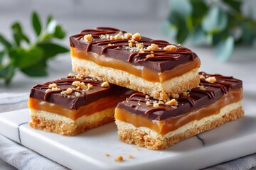 Millionaire's shortbread slices with rich chocolate topping and caramel