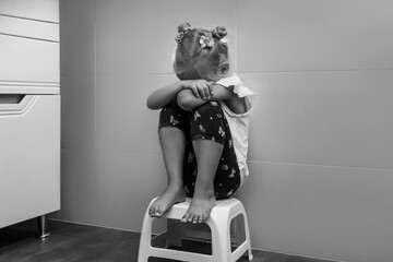 Offended Depressed Child Crying in Dark Corner Room. Stressed Little Girl. Kids Stress Difficulties Communicate. Children Mental Health. 