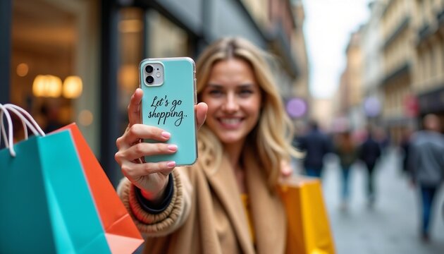 Smiling blond European woman holding a smartphone and shopping bags in a busy street. The scene captures urban life and consumer culture. - Powered by Adobe