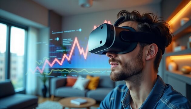 A young Caucasian man with curly hair wears a virtual reality headset. He is engaged with digital graphs and data in a modern living room setting. - Powered by Adobe
