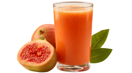 Refreshing guava juice in a glass with fresh guavas and green leaves, a tropical and healthy beverage option
