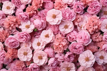 A vibrant arrangement of pink flowers showcasing various shades and types, creating a lush and visually appealing floral display.