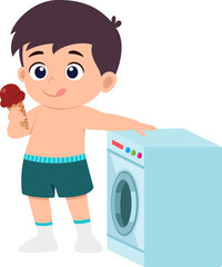 cute boy do laundry with washing machine and eating ice cream