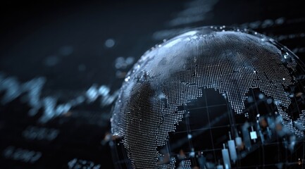 Globe with data streams and charts representing global finance or technology.