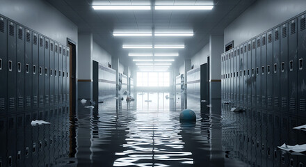 Flooded school hallway with lockers and bright light at the end of the hall reflecting on water