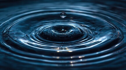 Water drop creates ripples in a blue liquid surface with golden reflections.