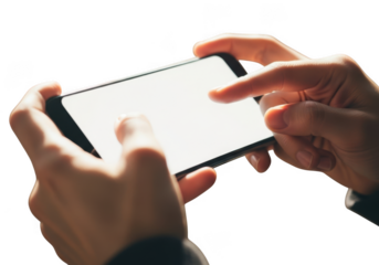 Hands holding smartphone playing game engaging interaction close up view transparent background