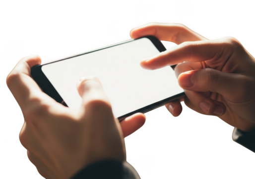 Hands holding smartphone playing game engaging interaction close up view transparent background