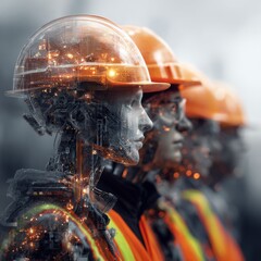 Team players: working hands building dreams on solid ground. Ai concept. Construction workers gearing up for the day's tasks with unity and purpose. Human partnership. Futuristic technology.