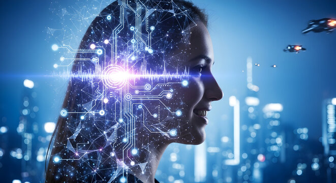 Humanoid Neural Network AI and Cybernetic Brain Interface Depicting Artificial Intelligence Development with Digital Circuitry and Cityscape Background Representing Future Technology Innovations