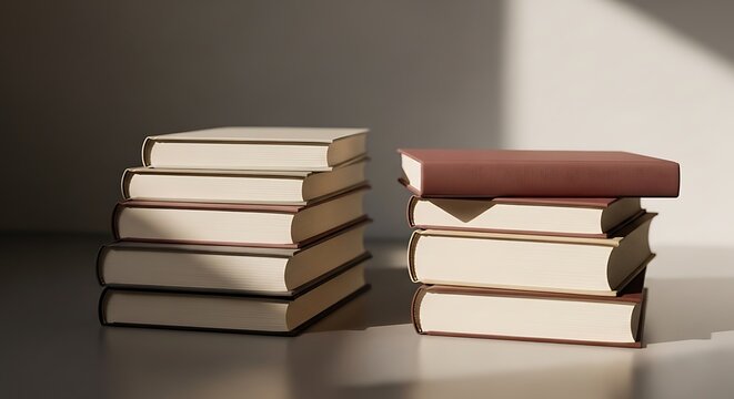Two stacks of old books bathed in warm sunlight and shadow