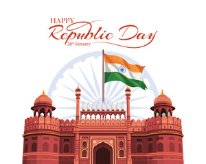Indian republic Day celebrations with 26th January India. RED FORT DELHI INDIA WITH INDIA FLAG FLYING HIGH.