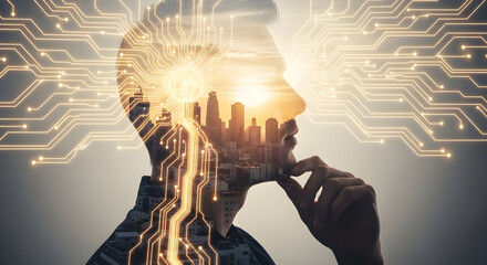 Thoughtful Mind with Cityscape Silhouette Artificial Intelligence Conceptualization Exploring Technological Frontiers Reflecting Urban Innovation Contemplative Profile Circuit Board Network Brain