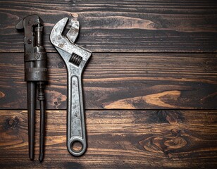 Tool Arrangement on Wooden Texture: Two trusty wrenches of different styles lie in a structured manner on a dark wooden surface.