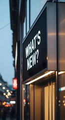 Obraz premium Neon sign reading 'What's New?' on a brick building in a city at night.