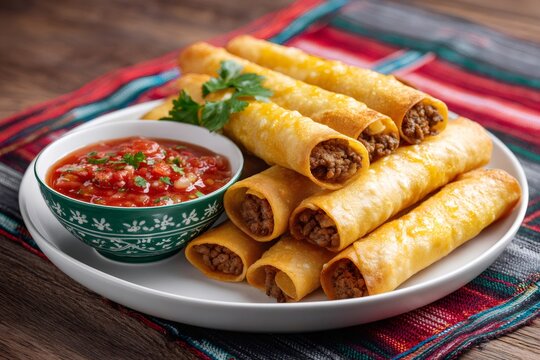 Beef taquitos with salsa on a colorful pattern