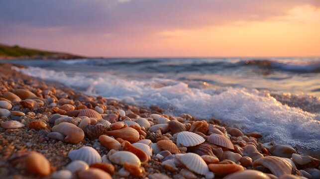 Close up of diverse seashells and pebbles on a beach with gentle waves at sunset