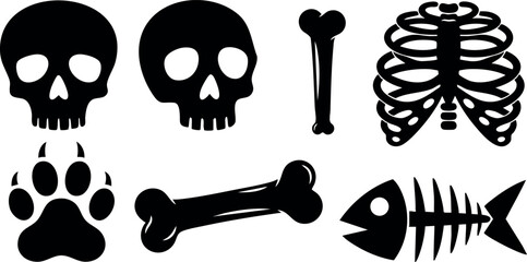 Set of black skull, bones, paw print, rib cage, and fish skeleton vector icons for Halloween or anatomy design elements vector, illustration