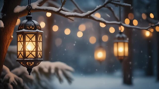 Decorative lanterns illuminate snowy branches in a serene winter scene