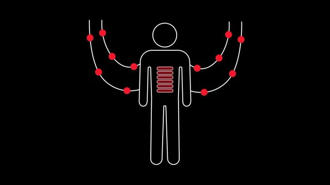 A human figure with red overload signals represents stress, imbalance, and overwork, symbolizing the effects of energy depletion and the pressure of modern living