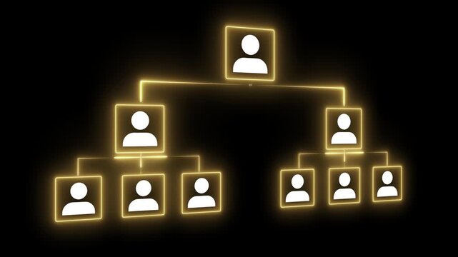Company hierarchical organizational chart idea on the black background. Motion graphics of human resources management and business concept. 4k video. 