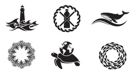 ocean and marine conservation silhouettes collection minimal black eco sea life protection vector icon set