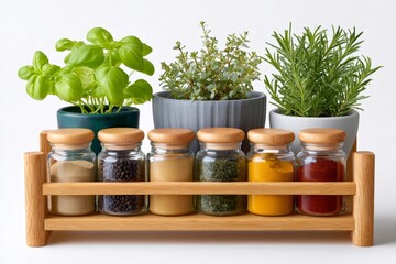Fresh herbs and spices in jars on wooden rack