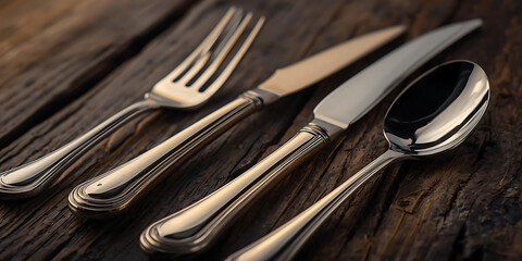 Silverware set arranged on rustic wooden table with warm inviting lighting highlighting fork knives and spoon