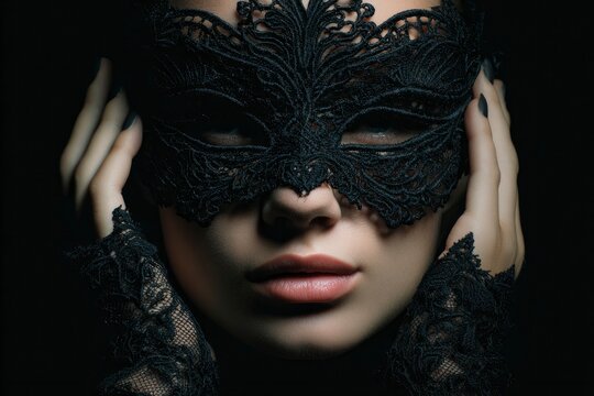 A woman in a black lace mask is posing Her hands are near her face and she is wearing lace gloves - Powered by Adobe