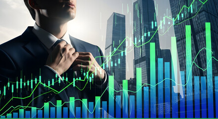 Financial Growth Concept with Businessman Adjusting Tie in Modern Cityscape and Market Analysis Chart Representing Investment Strategy and Economic Prosperity in Global Finance Industry