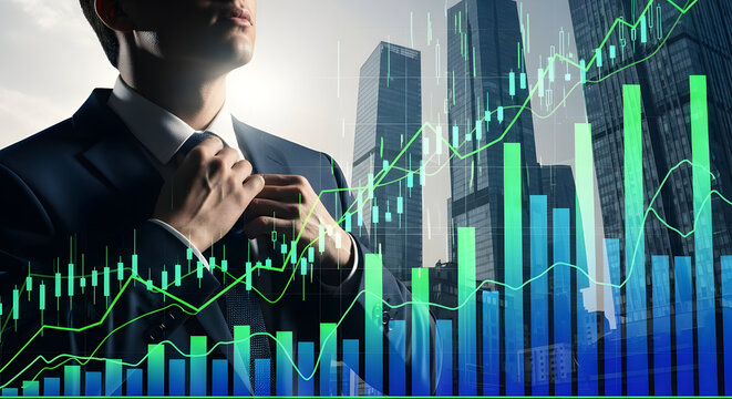 Financial Growth Concept with Businessman Adjusting Tie in Modern Cityscape and Market Analysis Chart Representing Investment Strategy and Economic Prosperity in Global Finance Industry