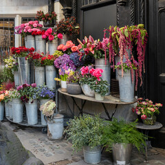 Wide shot of a vibrant flower shop display outside a dark storefront, featuring a variety of colorful flowers and greenery arranged in rustic galvanized metal buckets and pots.