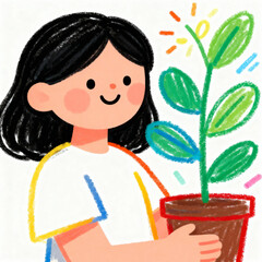 Girl holding a potted plant and smiling with joy  