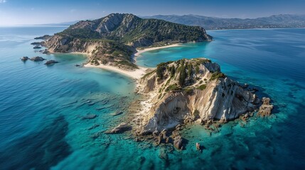 An aerial view captures the scenic island of Marathonisi, surrounded by clear blue waters and sandy beaches. The lush greenery and rocky cliffs create a tranquil natural setting.
