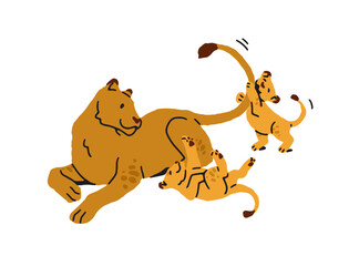Cute family of lions, mom and kids. Mother big cat and funny cubs have fun together. Lioness with her babies. Wild animals of African savanna. Flat isolated vector illustration on white background.
