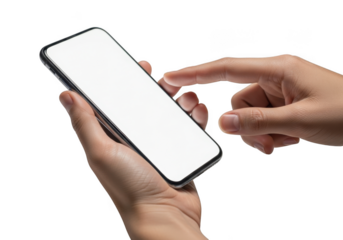 Person holding smartphone with blank white screen and finger interacting transparent background