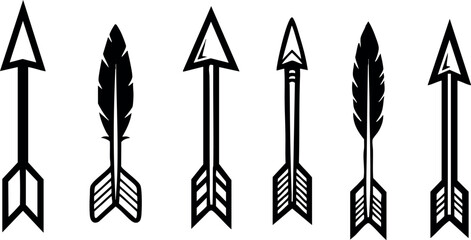 Set of black and white arrow icons with feather details in vector style for design and decoration purposes