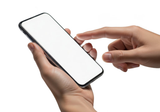 Person holding smartphone with blank white screen and finger interacting transparent background