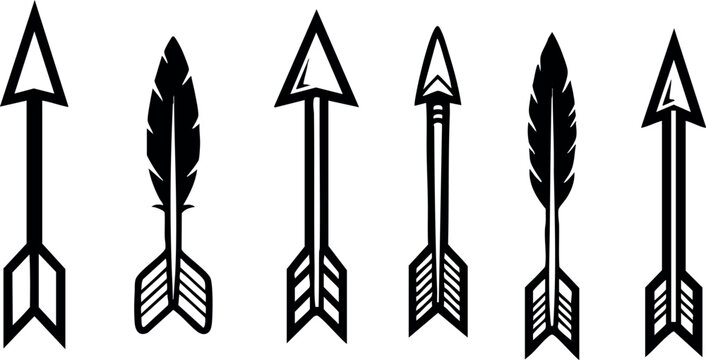 Set of black and white arrow icons with feather details in vector style for design and decoration purposes