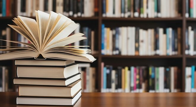 Open book stacked on books in a library with blurred shelves
