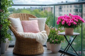Fototapeta premium Cozy wicker chair on urban balcony with flowers