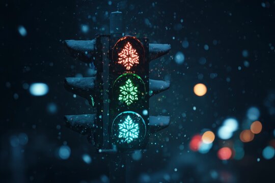 A traffic light displays red green and blue snowflake symbols in a wintery snowy setting