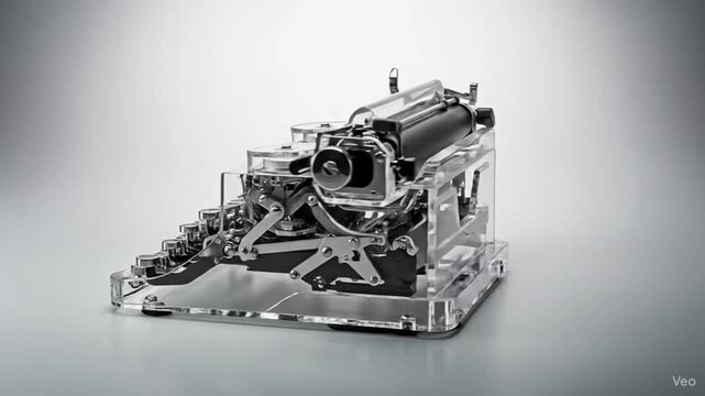 Sleek and modern transparent typewriter rotating, showcasing its complex mechanisms and engineering marvel, a unique piece with elegant design and artistic flair