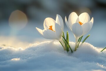 White crocus flowers blooming in snow, symbolizing spring hope