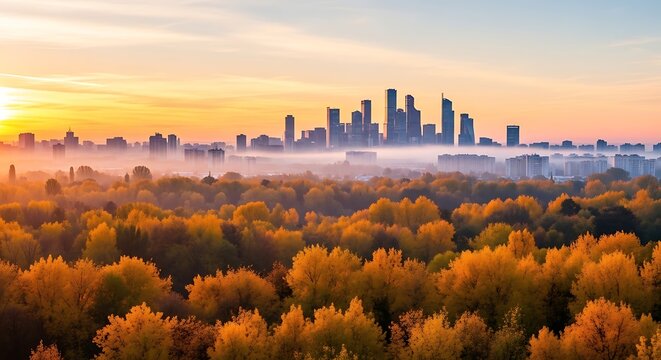 Autumn city skyline at sunrise with colorful trees and fog.