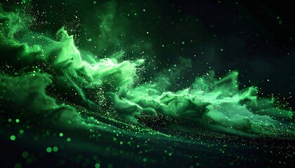 Emerald currents. Translucent, wave-like forms swirl against a black backdrop, dotted with bright, shimmering particles