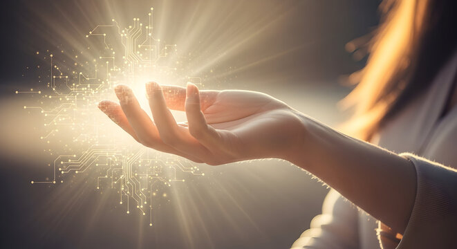 Abstract Technology in Hand Innovation Concept of Woman Holding Glowing Digital Circuitry Represents Modern Advancement Artificial Intelligence Neural Network Machine Learning Cloud Computing Data