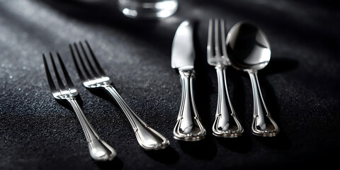 Elegant silver cutlery set arranged on dark textured surface with dramatic lighting and polished shine